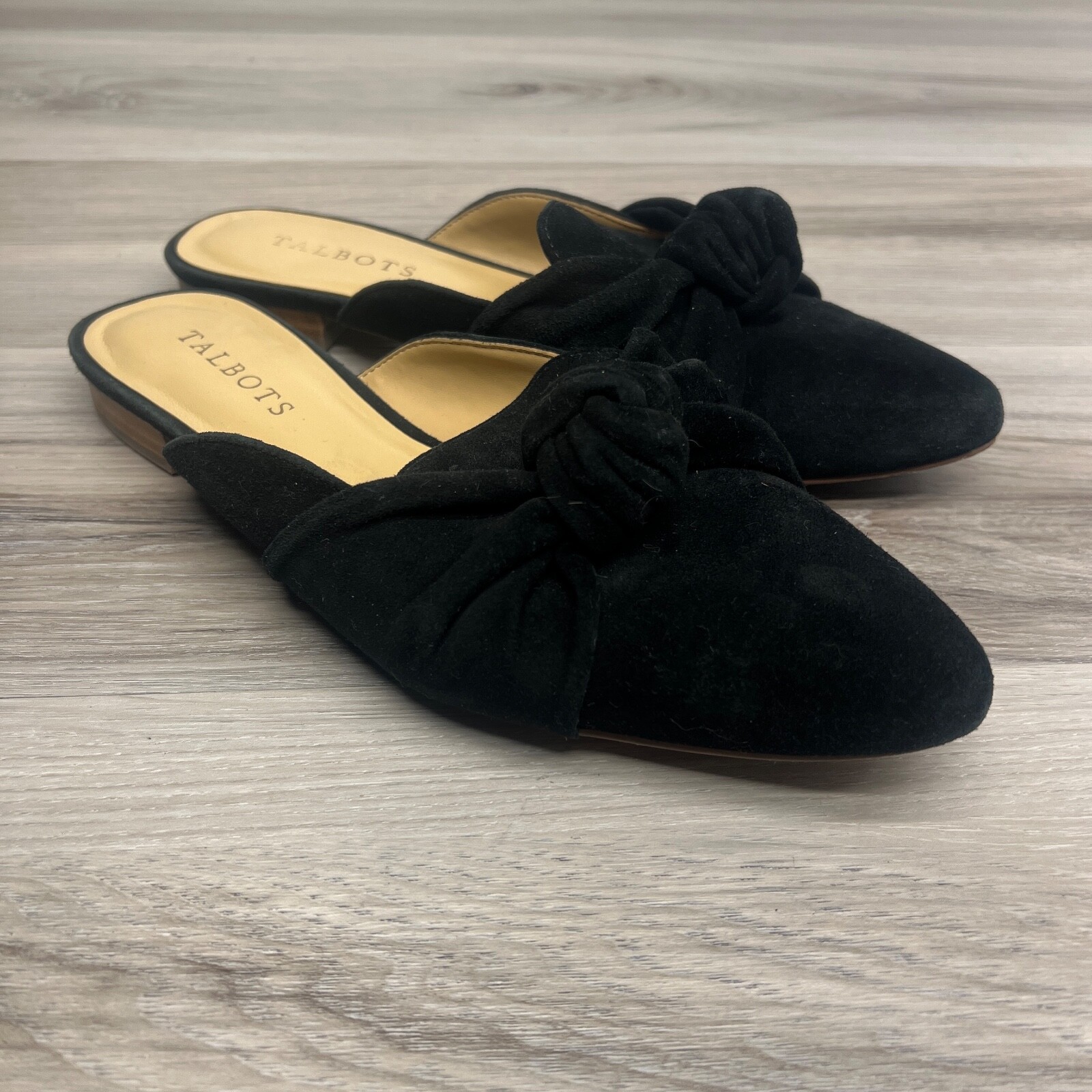 Talbots Edison Knot Detail Mules Black Suede Womens Size 7.5M Slip On Shoes