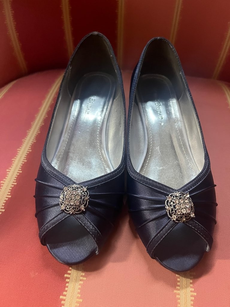 David’s Bridal Navy Peep-Toe Flats with Rhinestone Detail