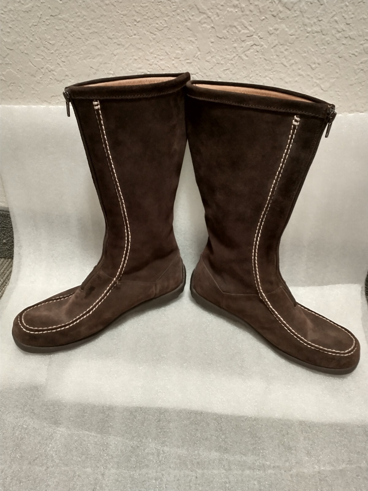 Lands’ End Women Deep Brown Leather Suede 62284 Front Zip Mid Calf Moc Boot 8.5B