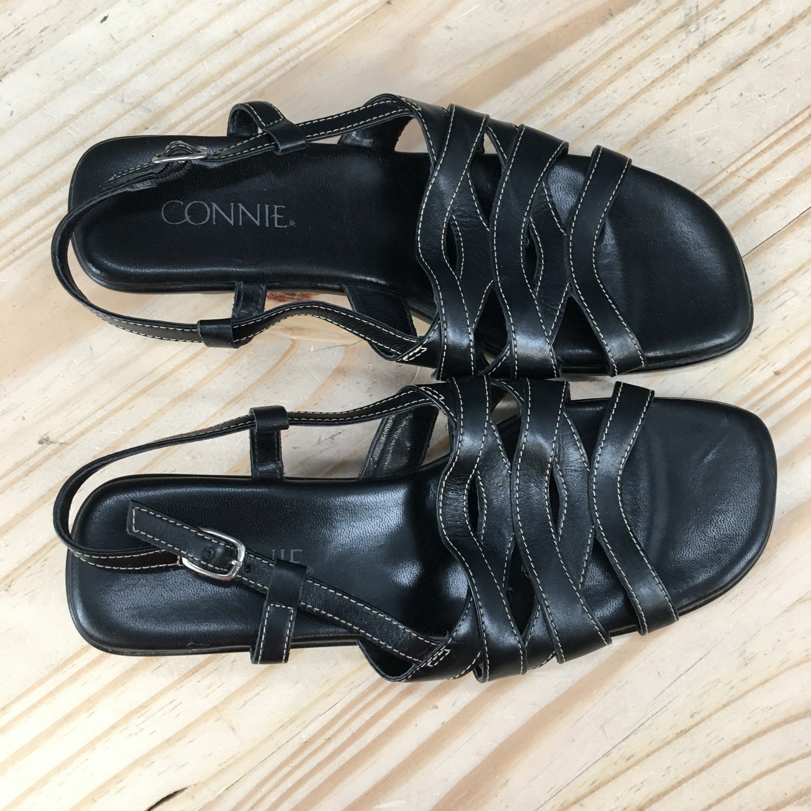 Connie Sandal Womens 7 M Skippy Strappy Slingback Low Heel Leather Casual Black