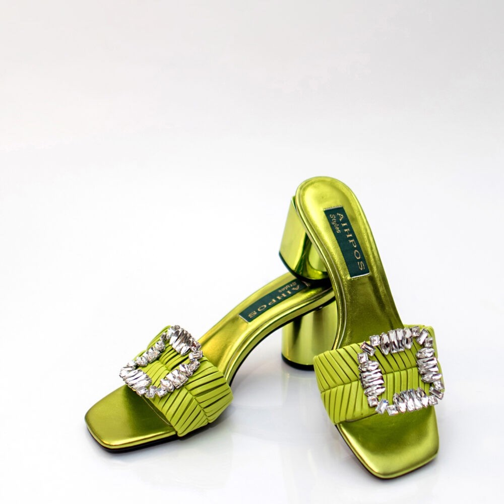 Aihpostyles Women Green Rhinestone Block Heel Mules, Slip-On, Square Toe