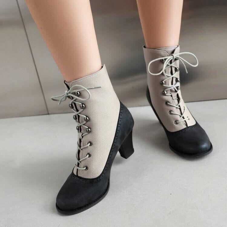 Women’s Ankle Boots Splicing Low Heel Lace Up Shoes Canvas Leather Patchwork NEW