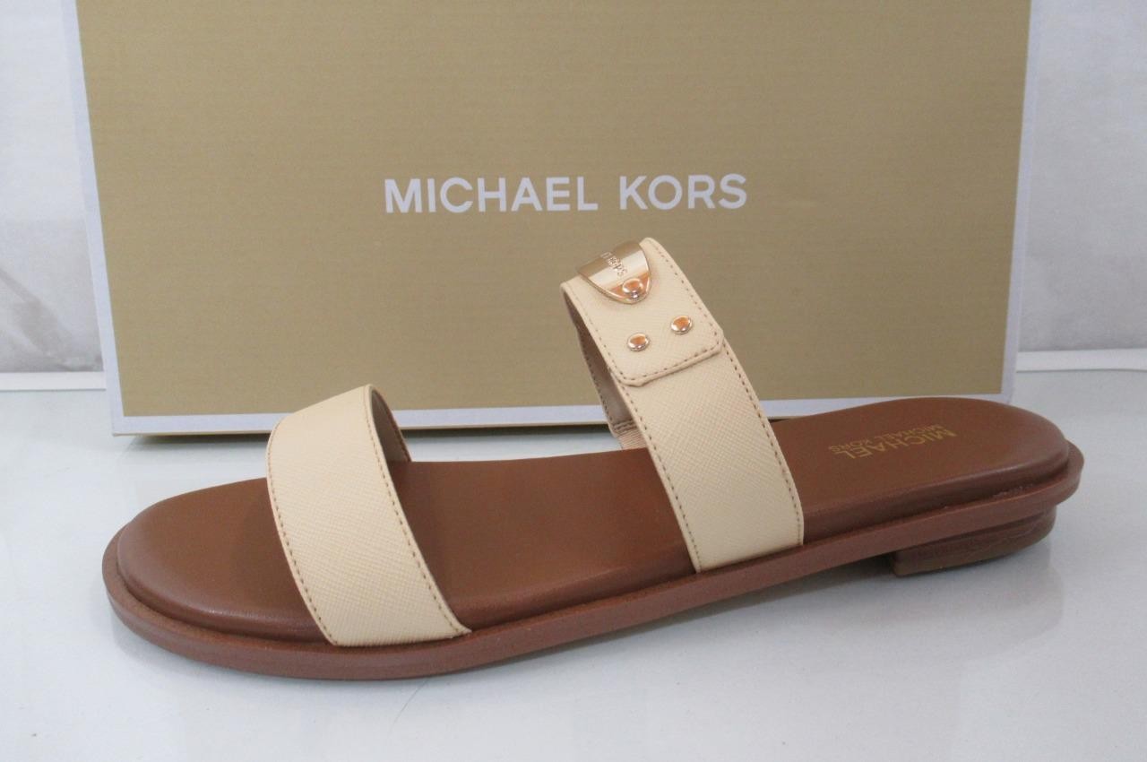 Michael Kors MK Plate Slide Flat Sandal MK Logo Embellished Buttermilk Size 7