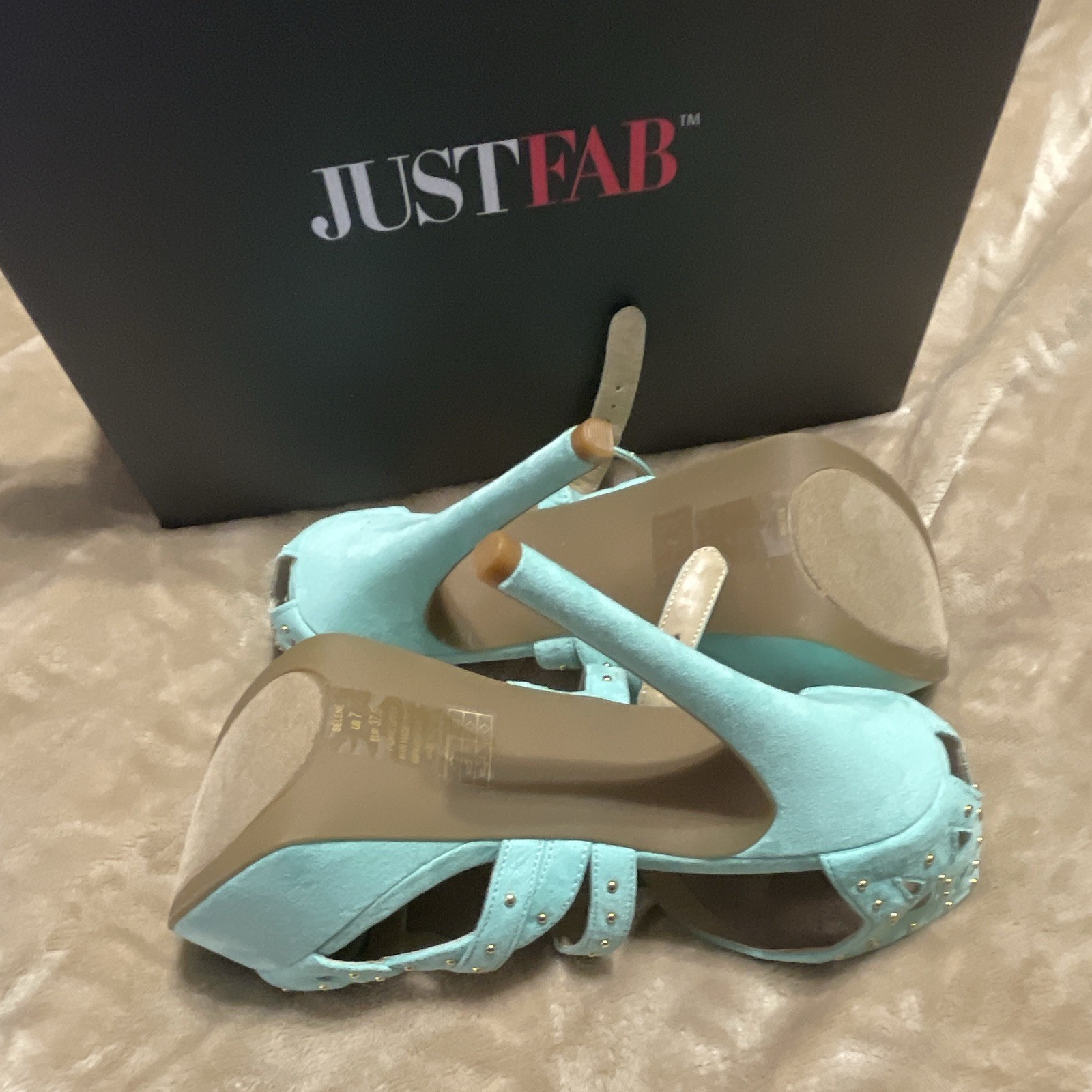 JustFab Mint (teal) Studded Ankle Strap Open Toe Platform Stiletto Heels 7