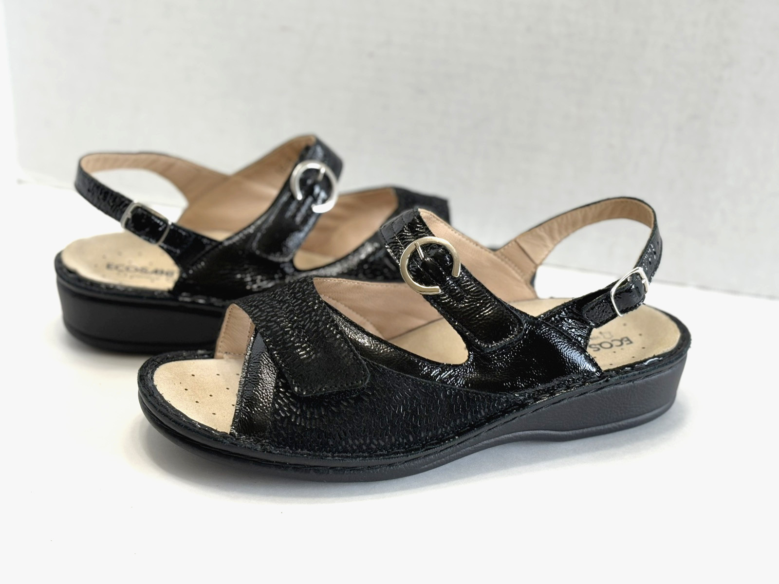 Ecosanit Womens Black Patent Leather Ankle Strap Comfort Sandals Italy Sz 42 /11