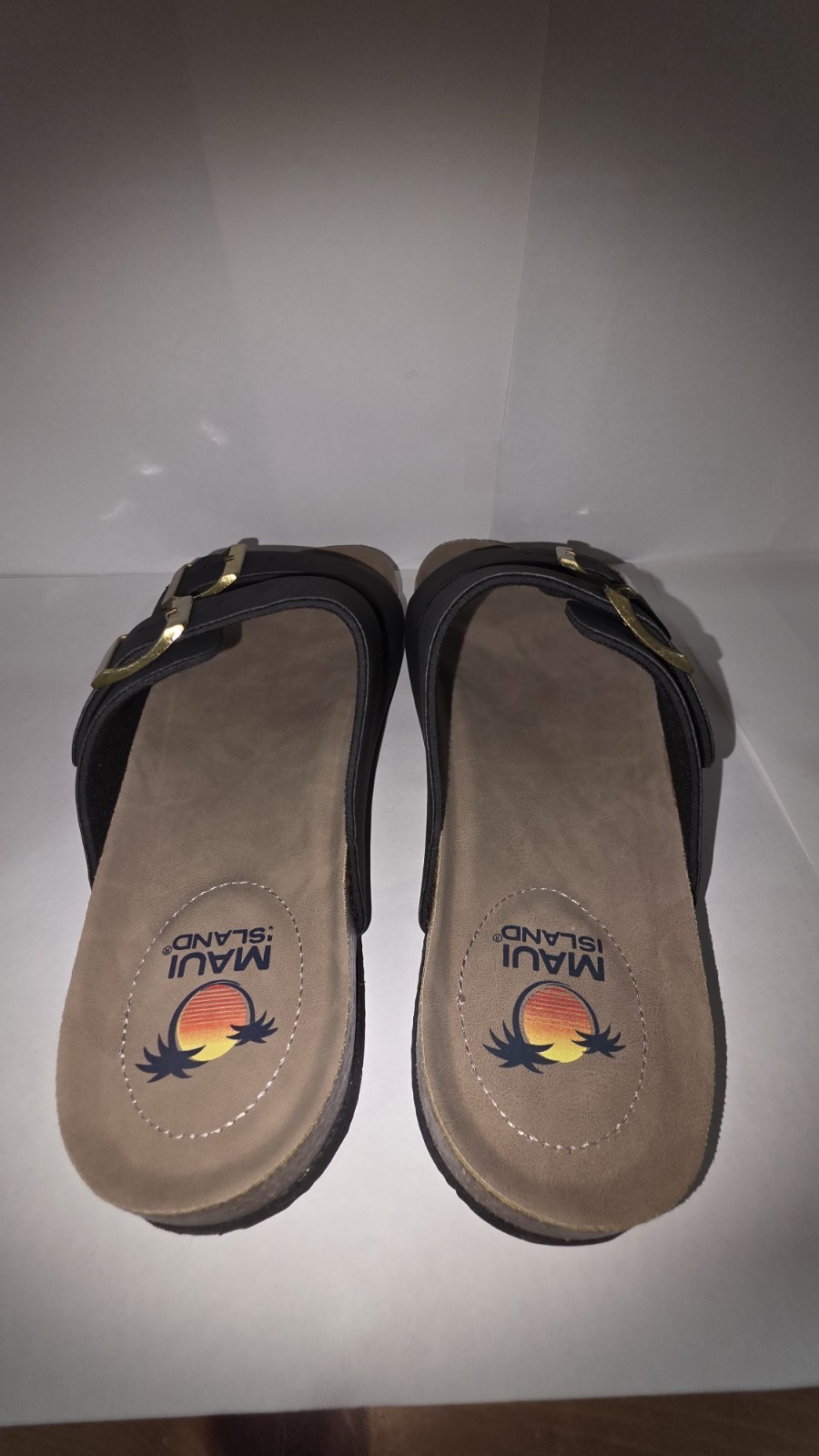 Maui Island Women’s Black 2-Buckle Adjustable Slide Sandals Faux Leather 10M