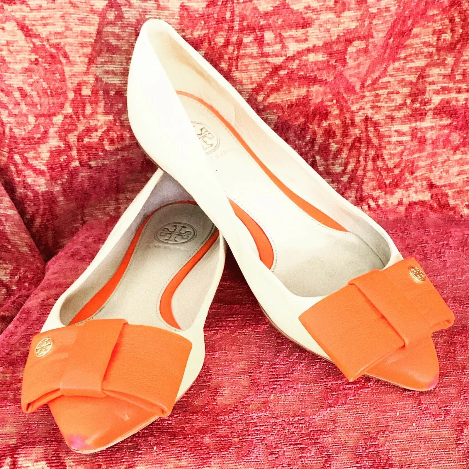 Orange & Beige Aimee Leather Tory Burch Ballerina Flats Size US5.5 Wom Shoes