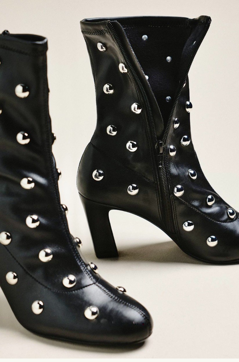 Anthropologie Maeve Studded Stretch Ankle Boots Black Silver Studs 37/ 6-6.5 NIB