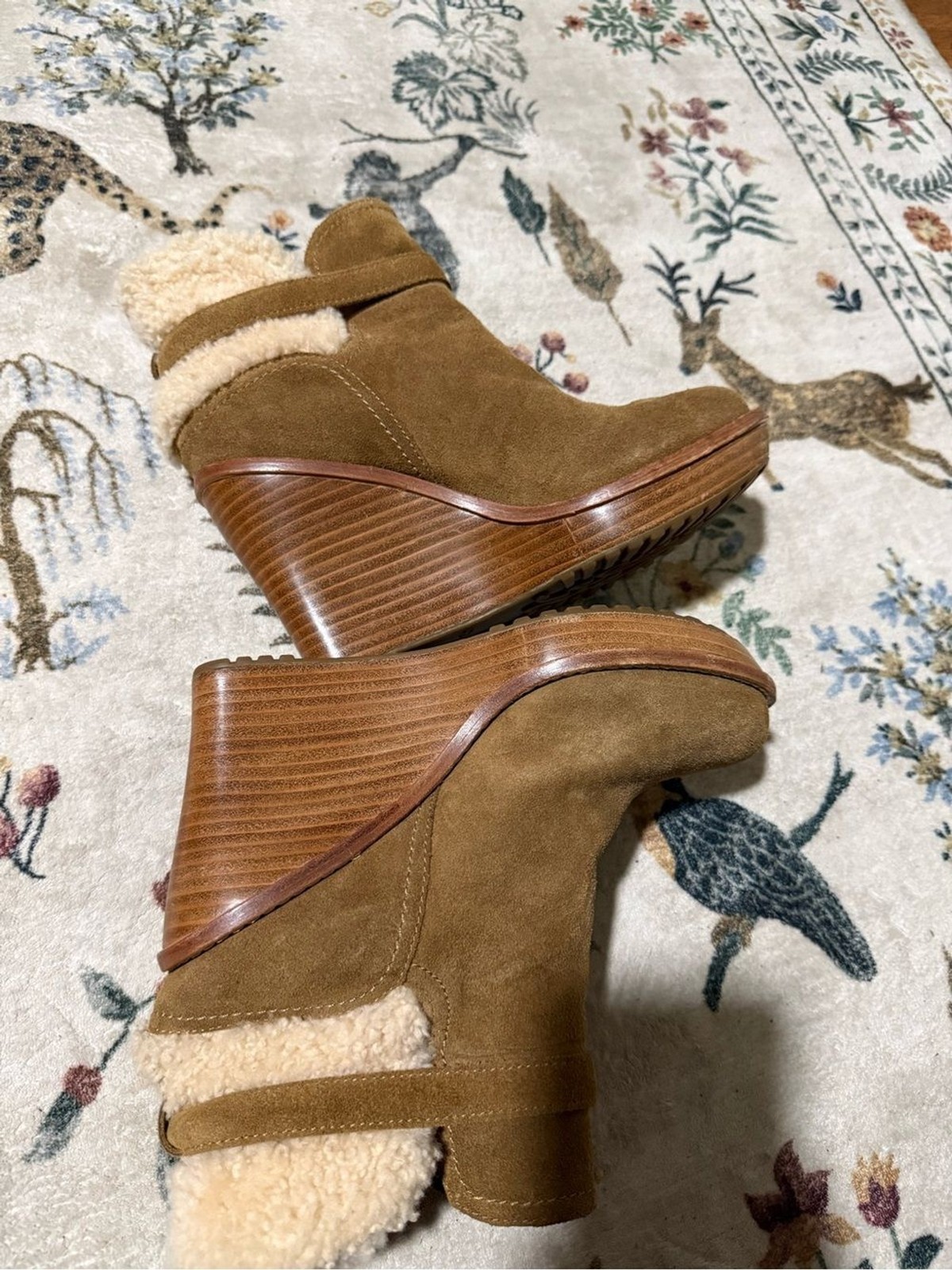 UGG Australia Brown Chestnut Suede Shearling Fur Anais Wedge Bootie US 8.5