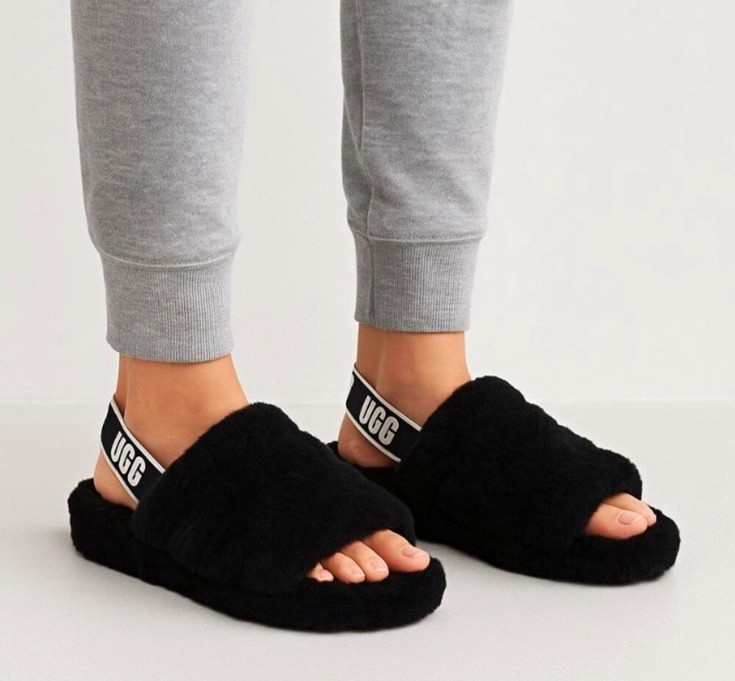 UGG Fluff Yeah Women’s US 10 Black Faux Fur Slide Slippers Open Toe Logo Strap