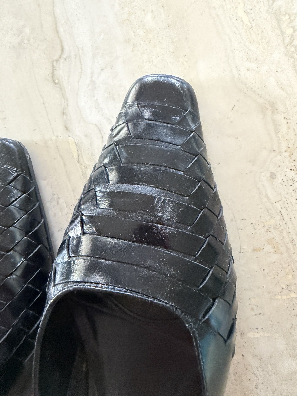 Nicole Mules Size 7.5 Kitten Heel Y2K 90s Pointy Toe Black Leather Weave Pattern