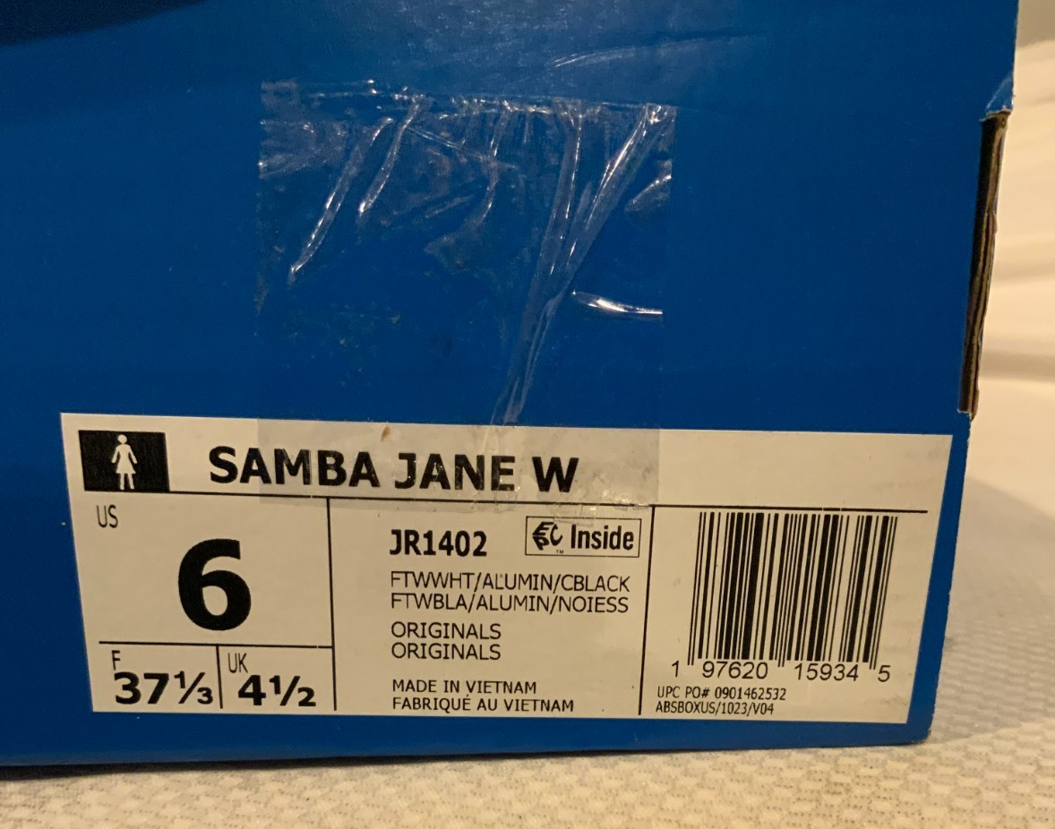 Adidas Women’s Samba Jane W, Style# JR1402, Size 6, Color White/Alumina/Black