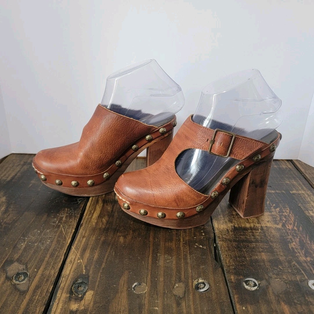 Free People Womens Boho Chunky Brown Leather Wood Clogs Size 36 Hippie Retro