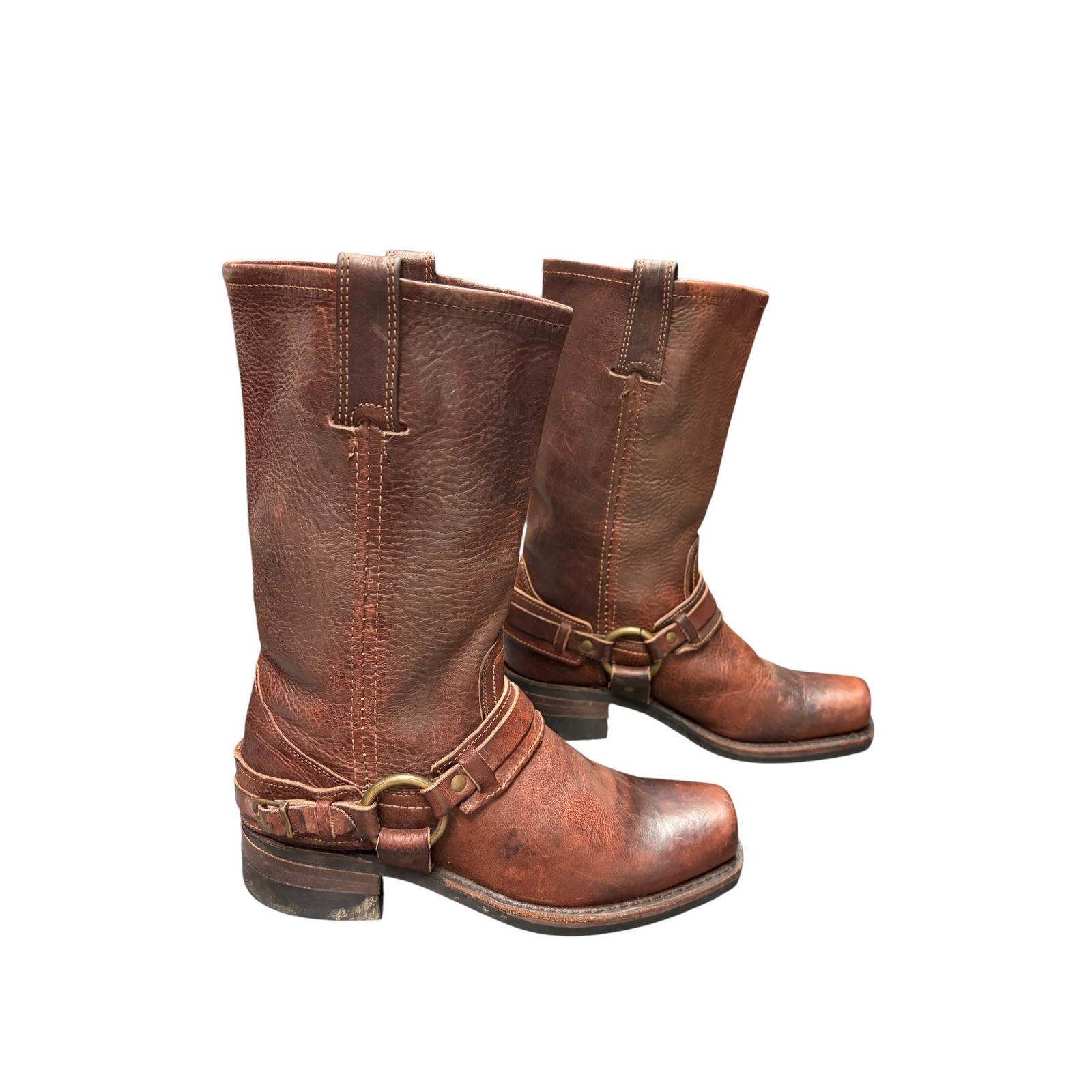 Vintage Frye Brown Leather Belted Harness Boots 77250 Pull On O-Ring Size 8