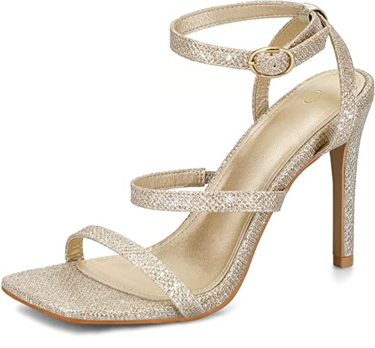 mysoft Square Toe Stilettos Ankle Strap High Heeled Sandals Gold Sparkle Size 9