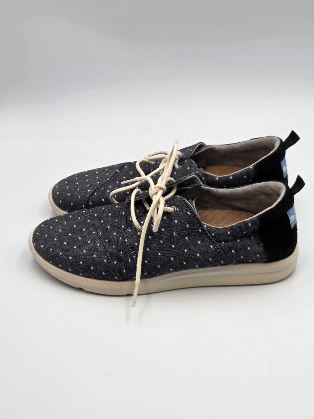 Toms Del Rey Blue White Polka Dots w/Suede Comfort Sneakers Women US 9