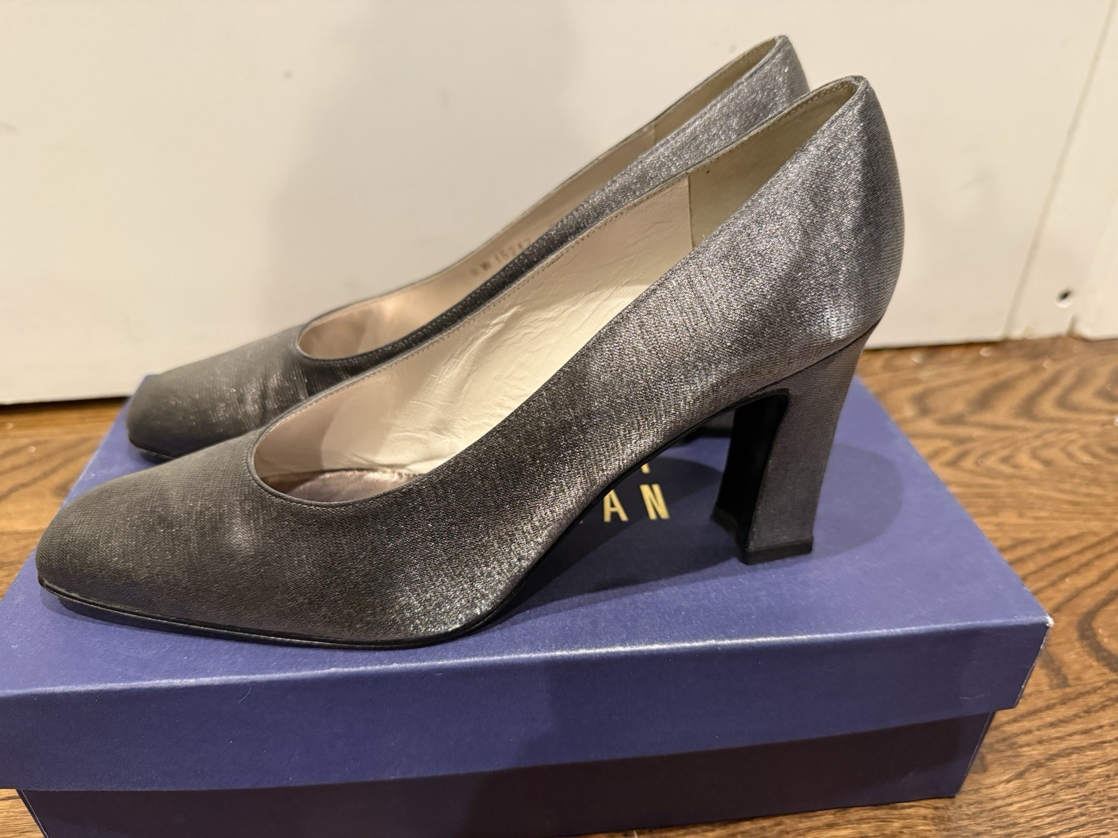 Stuart Weitzman Cana Pewter Square Toe Matte Shine Pumps 2.5” heel metallic