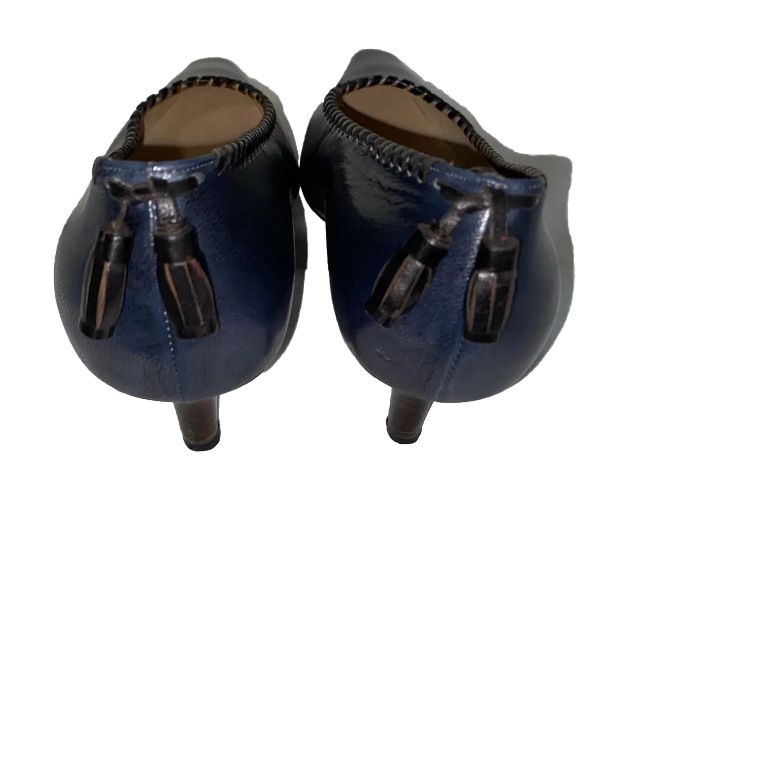 P. VERDI Women’s Shoes Paris Navy Leather 39 or 8.5 Lacing Tassels Low 2” Heels