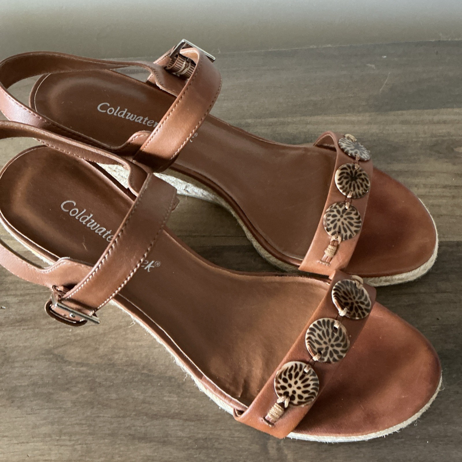 Coldwater Creek Wedge Espadrille Brown Leather Sandal Size 9