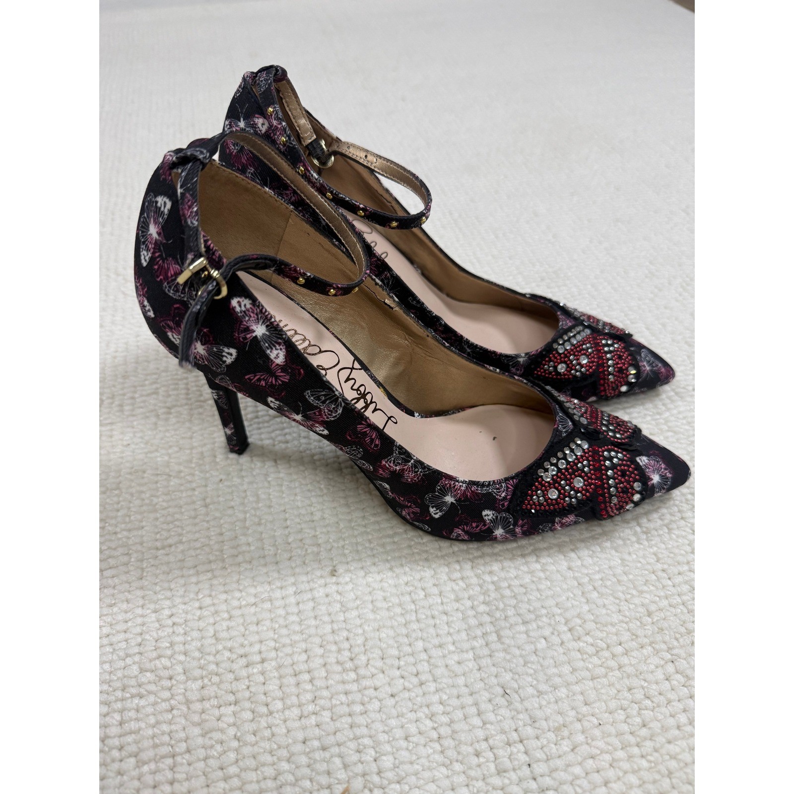 Libby Edelman Butterfly Print Rhinestone Embellished Pointed Toe Pumps Black 9