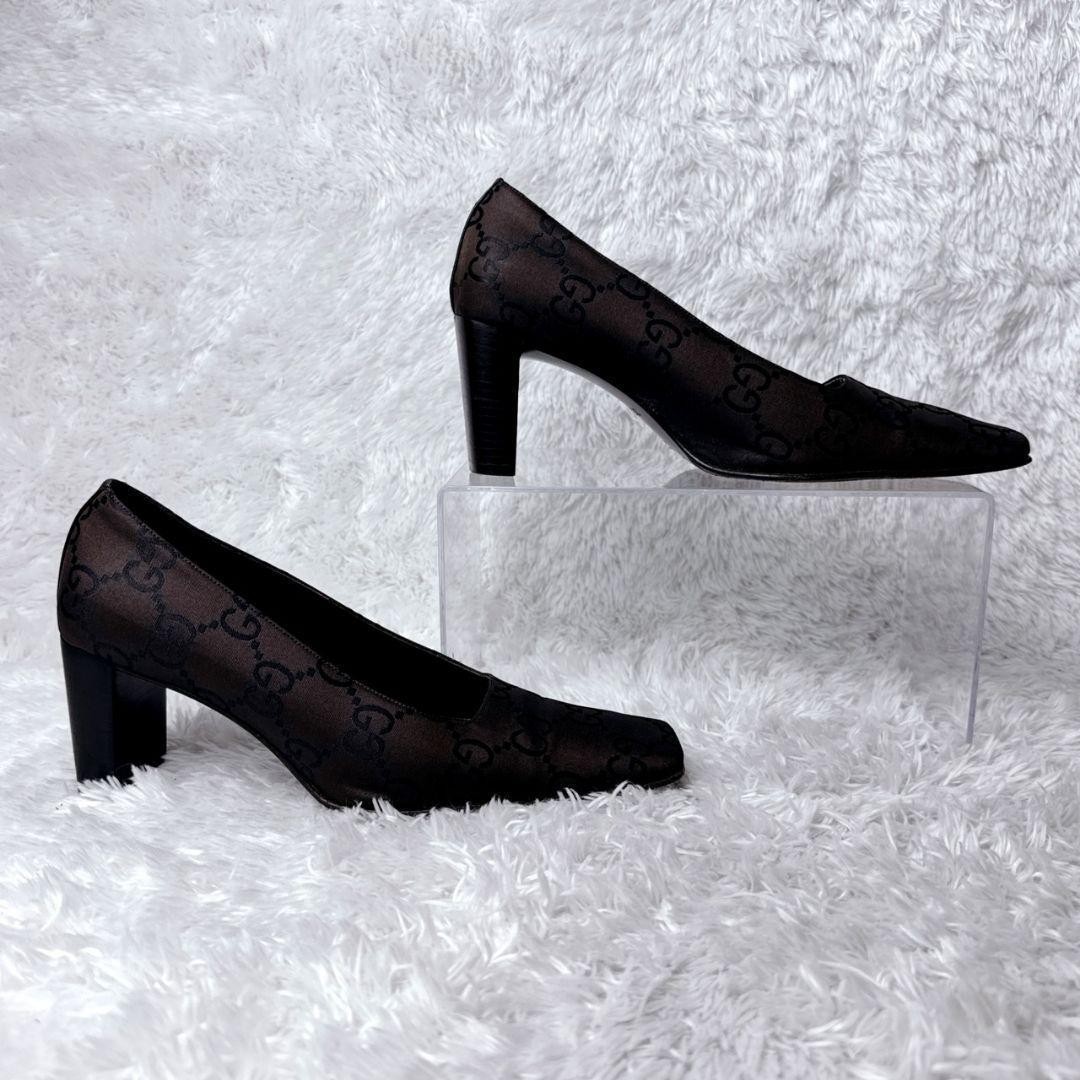 Rare GUCCI GG Pattern Brown Square Toe Heels Shoes 35.5 C 22.5cm US 5.5