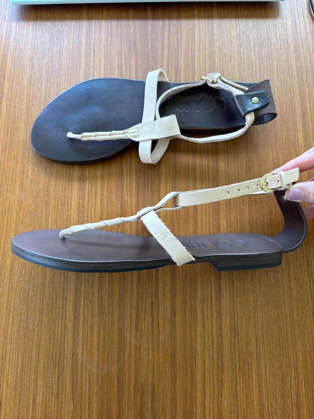 Cousin Women’s Leather and Fabric T-Strap Sandals with Ankle Buckle
