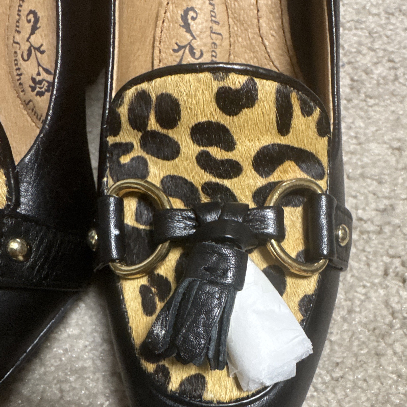 Sofft Black/Tan Leather Almond Toe Pump Slip On Animal Print Tassel US 6.5