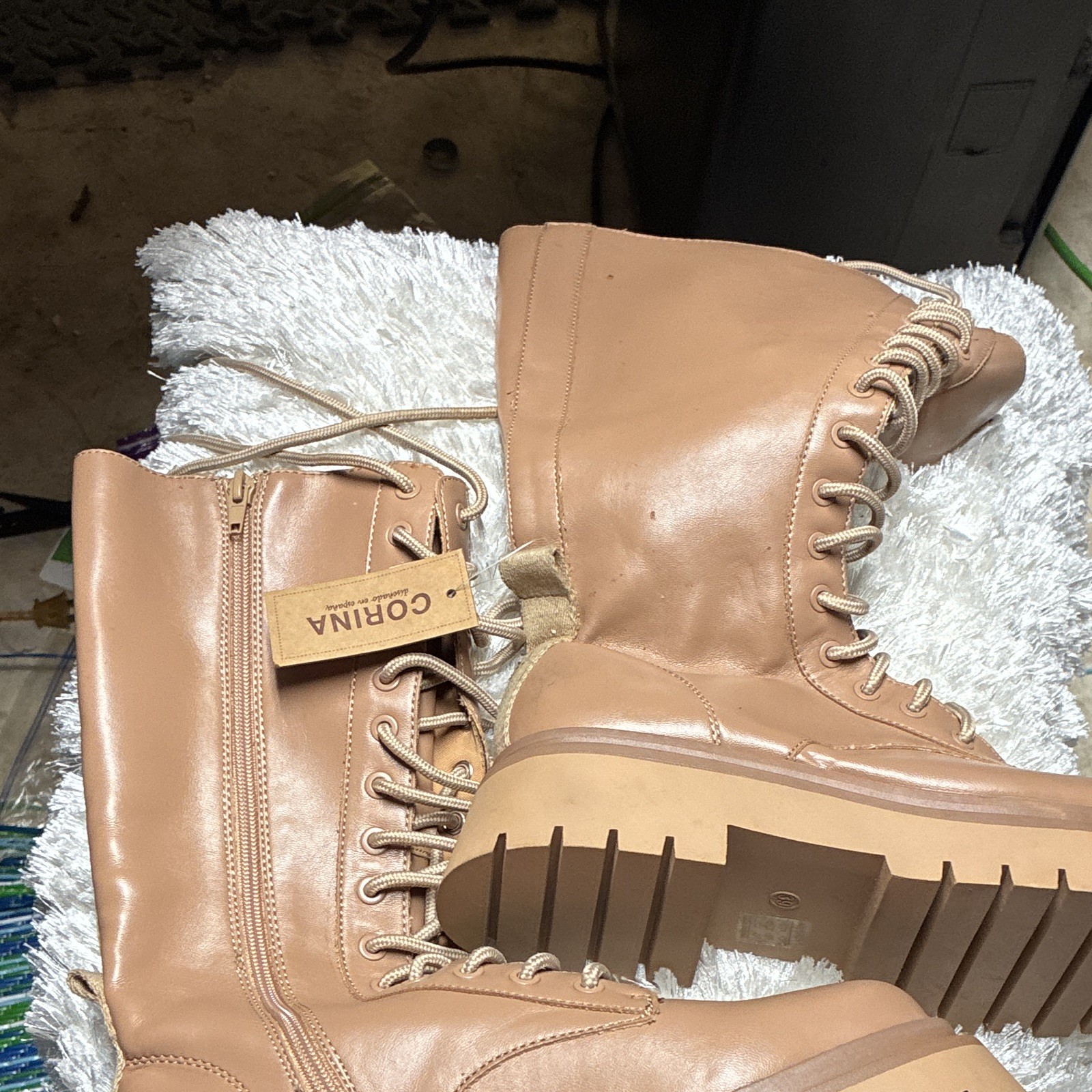 CORINA Women’s Tan Combat Ankle Boots US 9 M Round Toe Lace-Up Zip Comfort