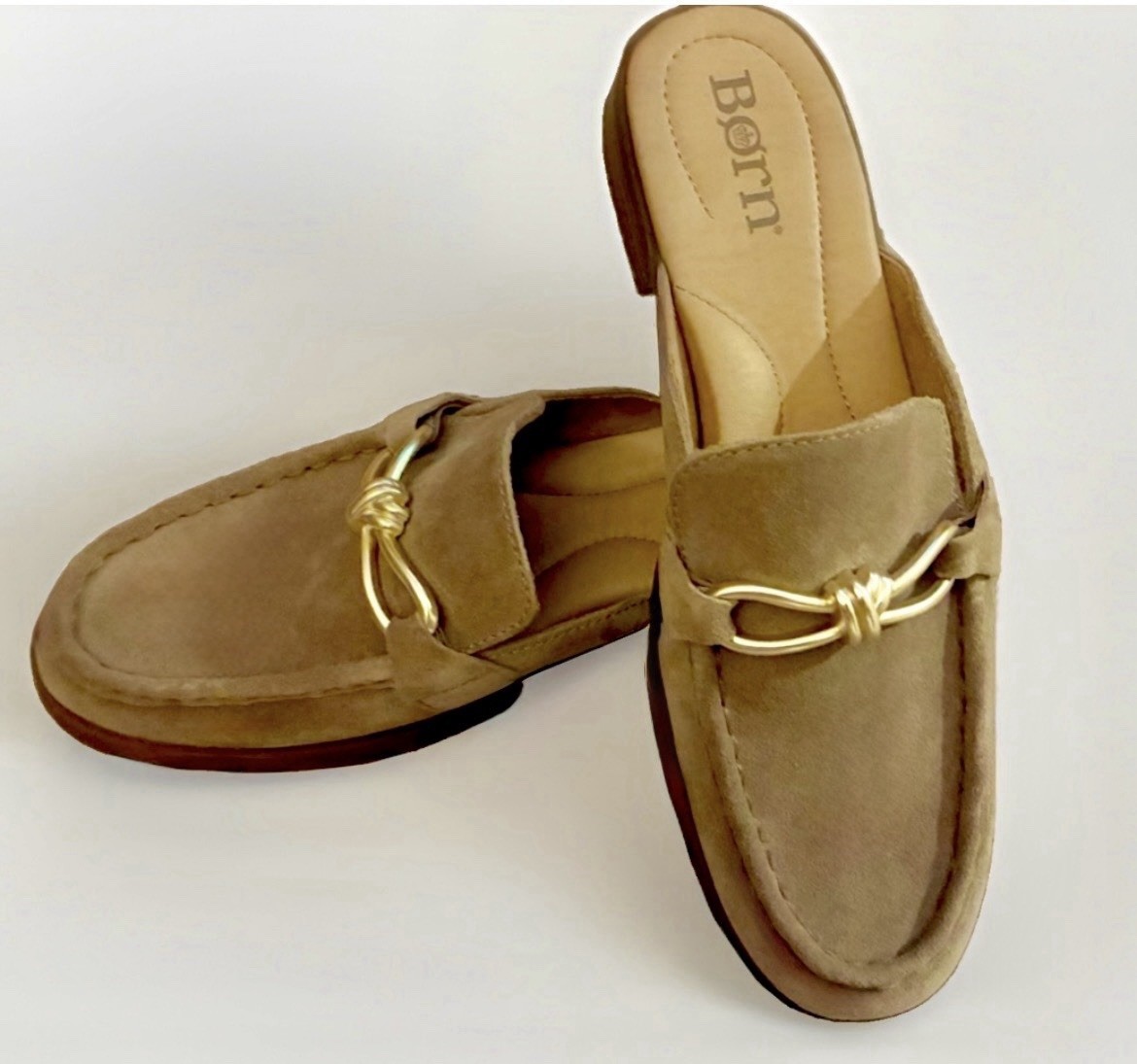 Børn Taupe Suede ‘Lareina’ Mules / Backless Loafers w Gold Knot Detail, Size 9.5