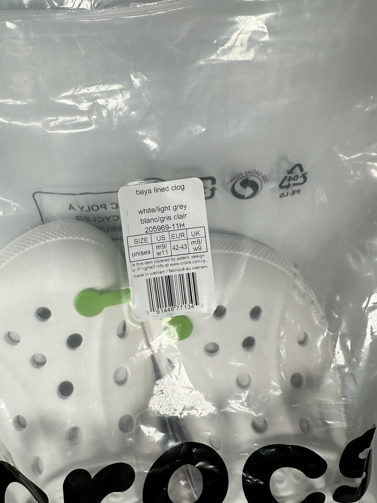 Size M9/W11 Crocs Baya Lined Clog Slip On White/Grey 205969-11H NEW