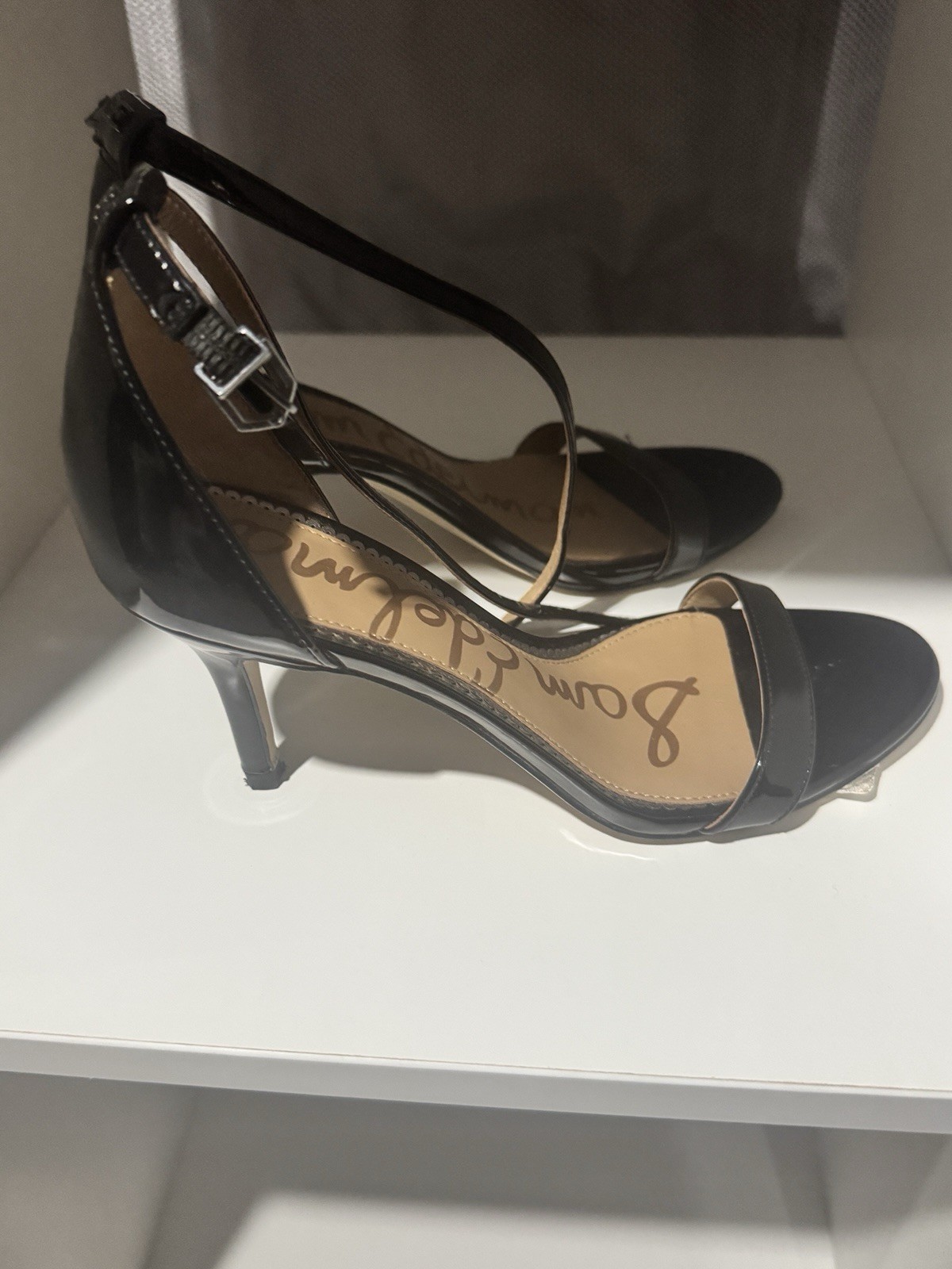 Sam Edelman Women’s Black Patent Leather Ankle Strap Buckle Open Toe 6.5