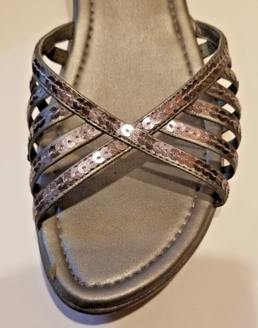 Women’s Silver Sequin Sandals Wedge Heel Slip-On Pewter US Size 9