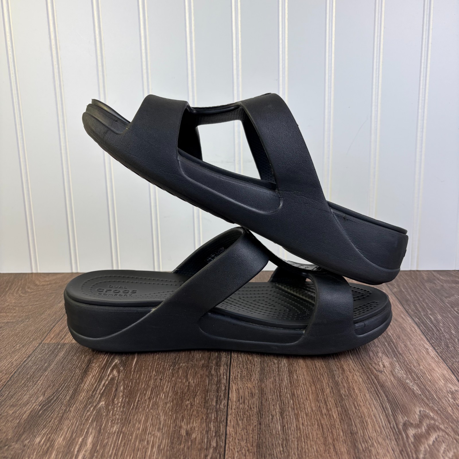 Crocs Monterey Metallic Slip On Wedge Sandal Open Toe Size 10 Black Silver