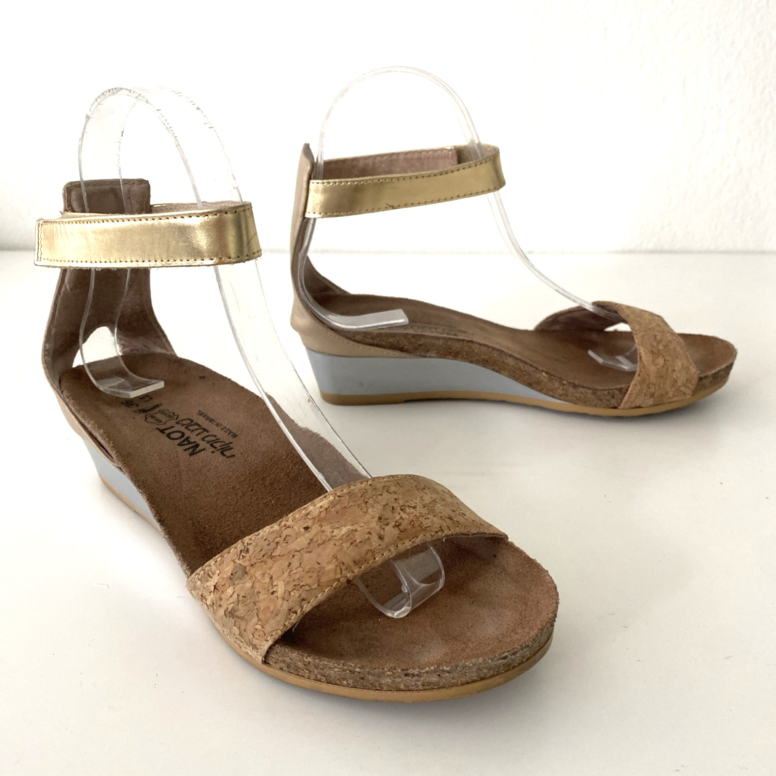 Naot Pixie Low Wedge Sandal Gold Tan Cork Open Toe Ankle Strap Comfort 36 5