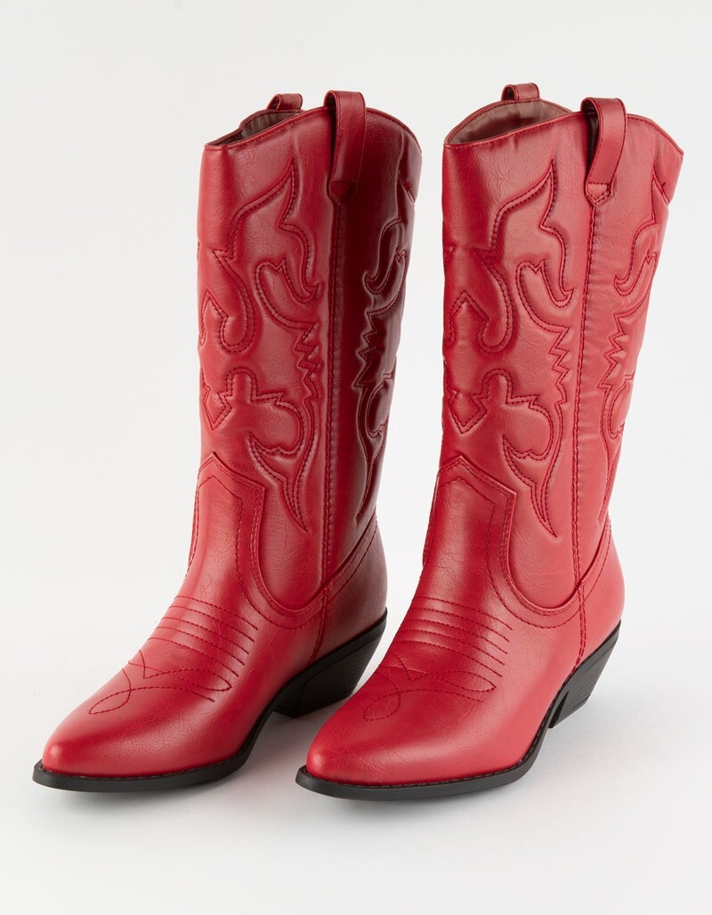 New Red Embroidered Western Cowboy Cowgirl Mid Calf Boots Low Block Heel Pull-On
