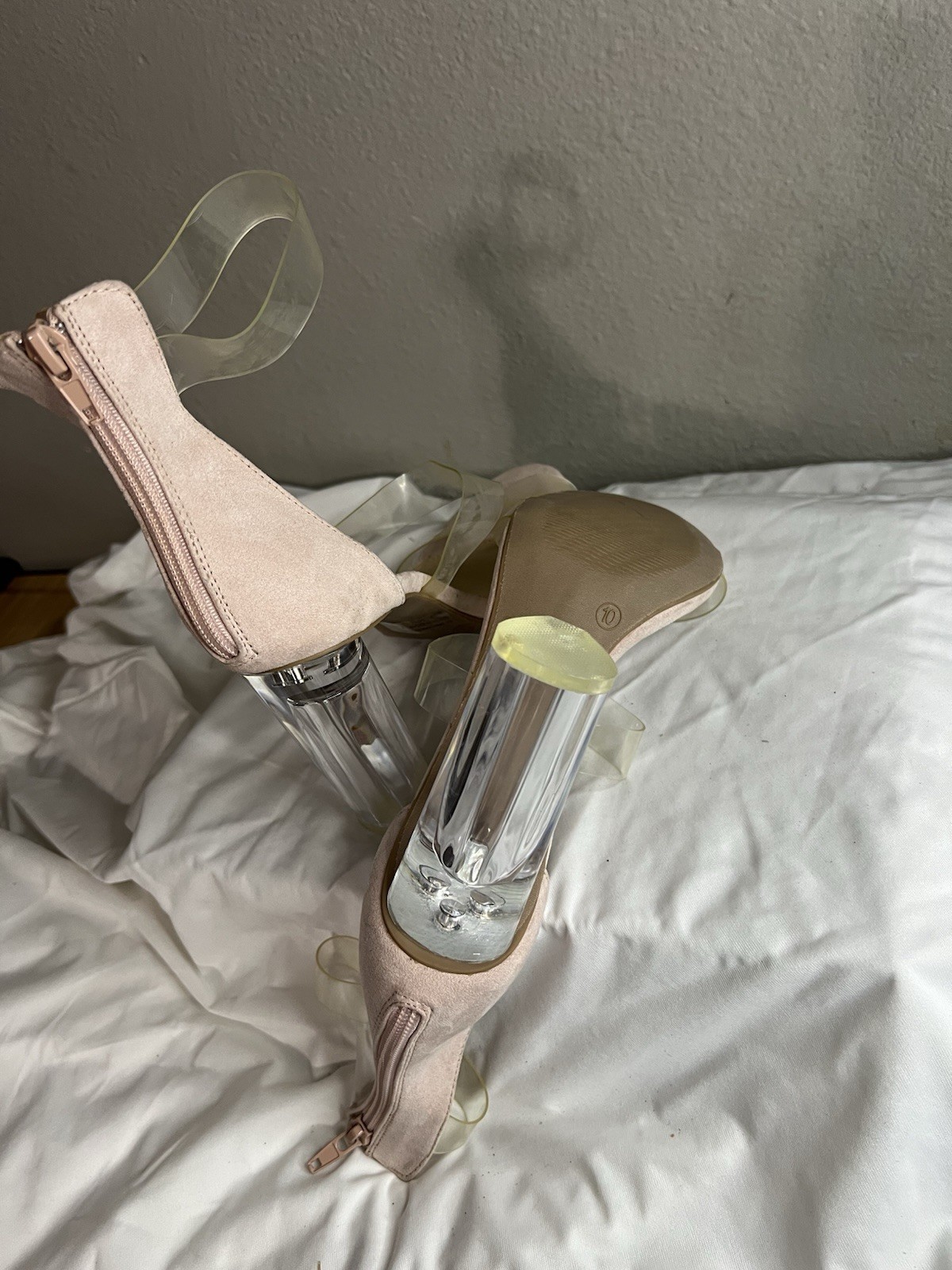 Fashion Nova Beige/Clear Strappy Open Toe Ankle Strap Block Heel Zip 10