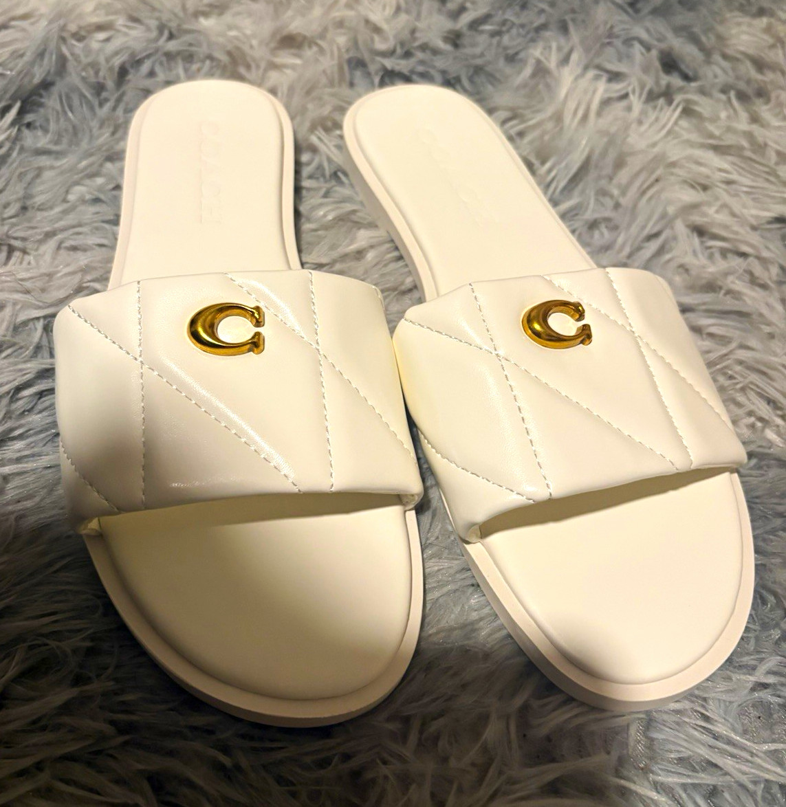 Coach White Quilted Leather Slide Sandals Gold Logo Women’s US 8 EU 38