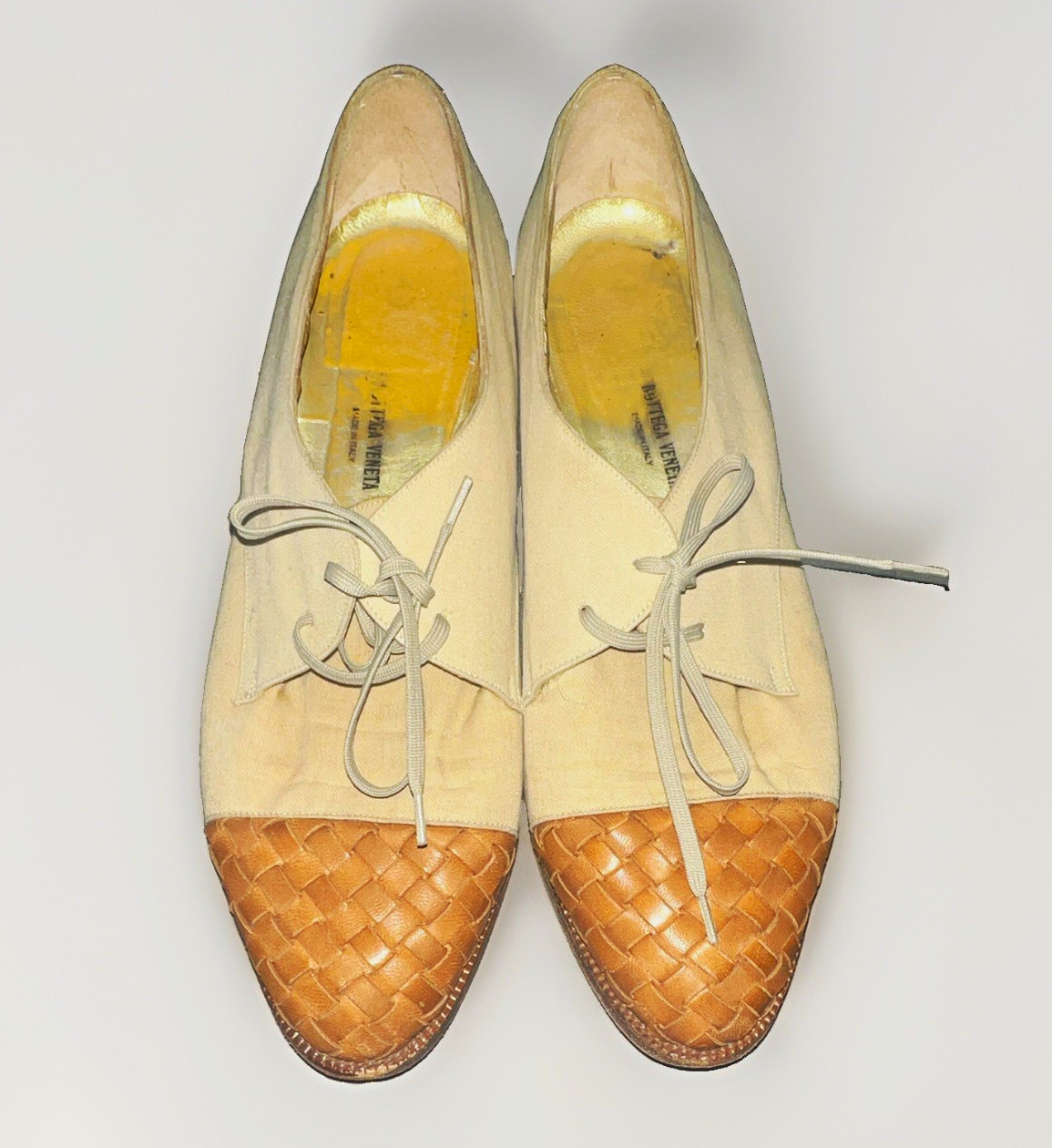 Vintage Bottega Veneta Beige Brown Woven Leather Oxford Flats Lace Up 7 1/2