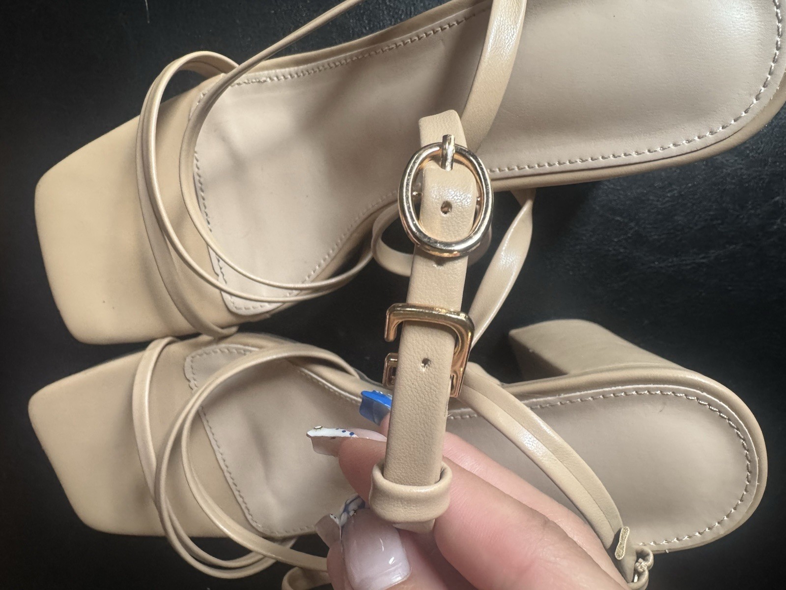 Women’s Beige Strappy Square Toe Block Heel Sandals Ankle Strap Buckle 6.5