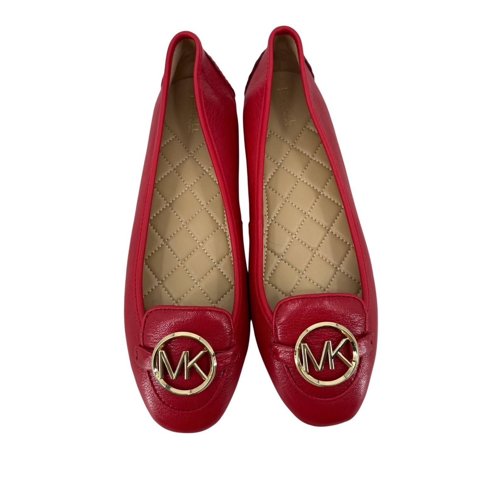 Michael Kors Fulton Moc Red Leather Ballet Flats Gold MK Logo Medallion 9M Chic
