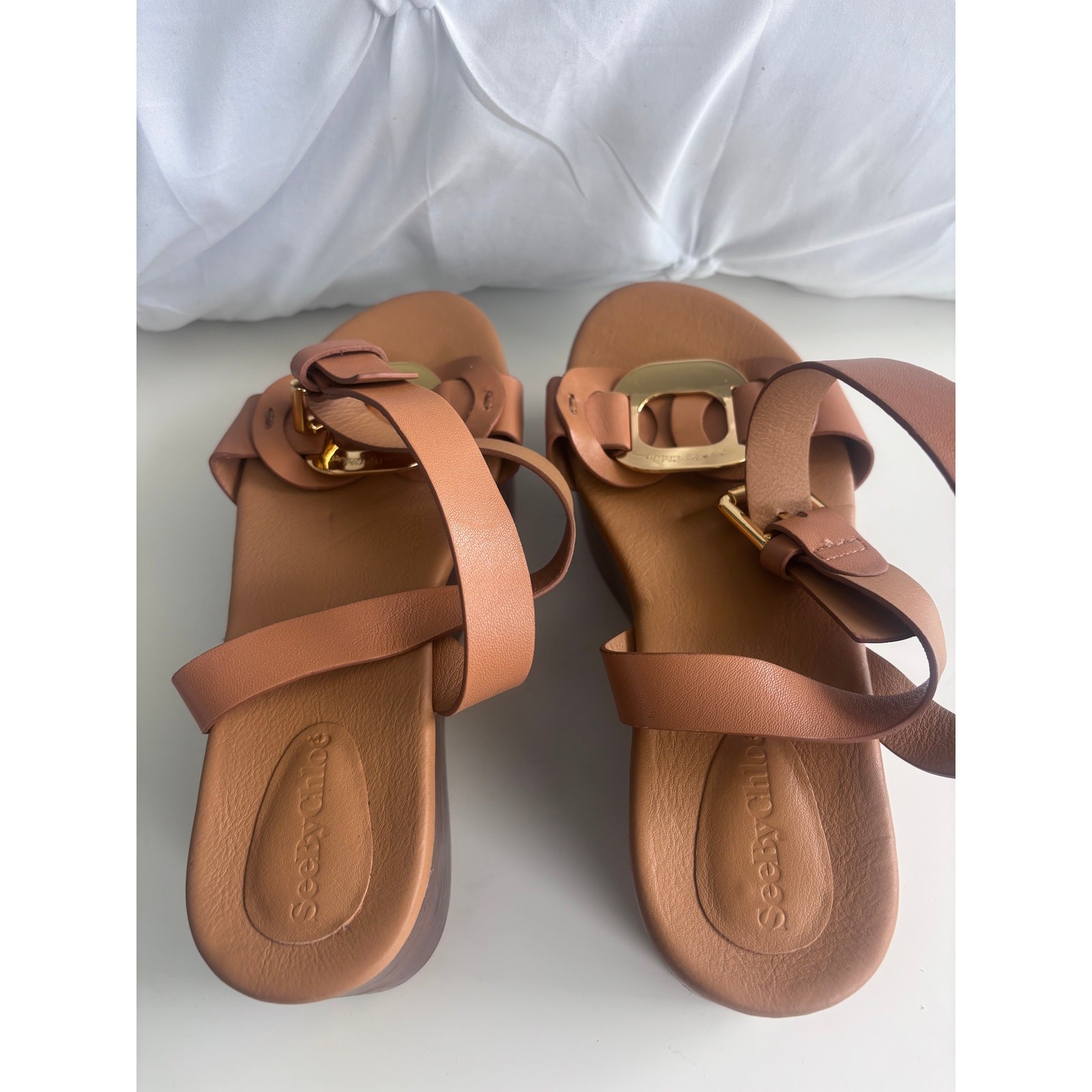 SEE BY CHLOE Chany Brown Slides Wedge Buckle Sandals Women’s Size 38