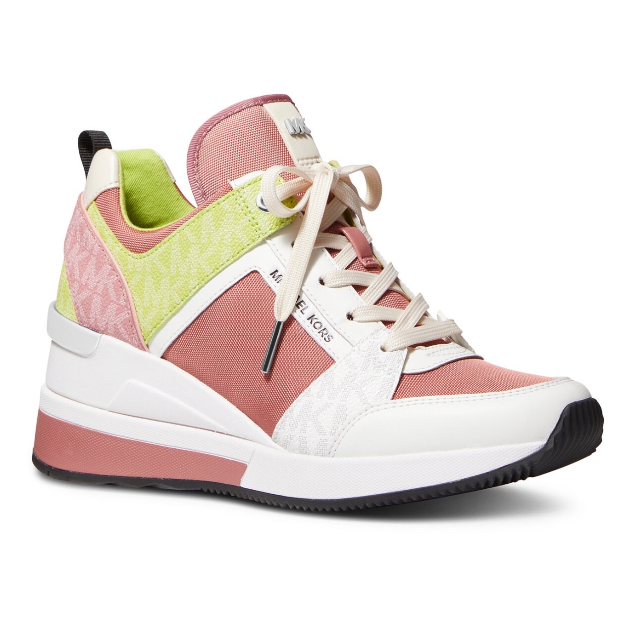 NIB Size 9.5 Michael Kors GEORGIE Wedge Trainer Rose Multi Pink Lime Sneakers