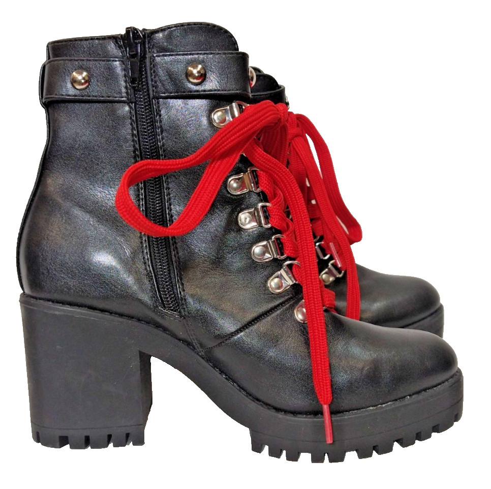 Black Platform Boots Combat Chunky Goth Grunge Punk Biker Street Y2K sz 5.5