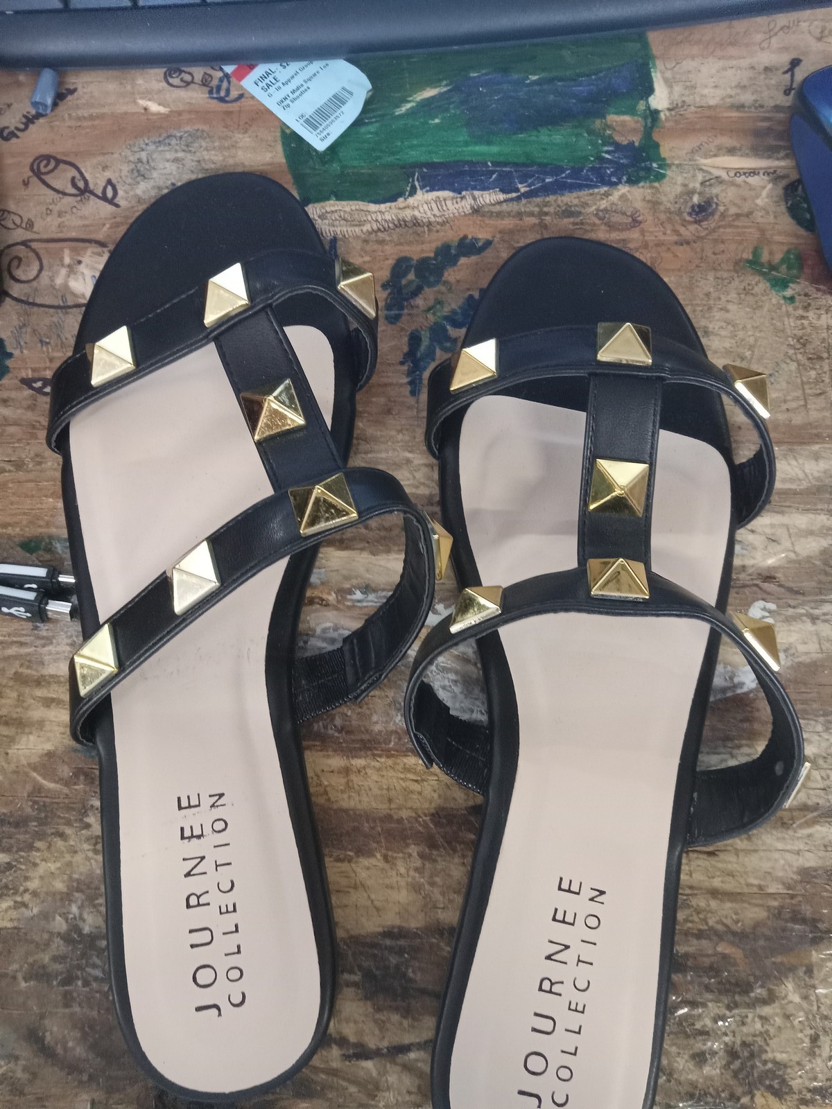 Journee Womens Kendall Tru Comfort Foam Studded Slide Sandals Black Size 12