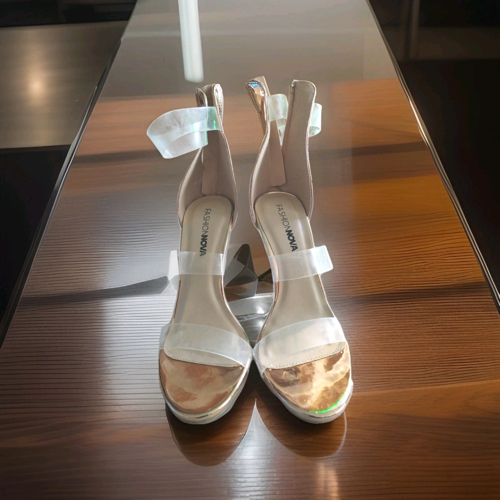Fashion Nova Women’s RoseGold/Rosy Clear Heels Size 8 Open Toe 4 Inch Heel 48124