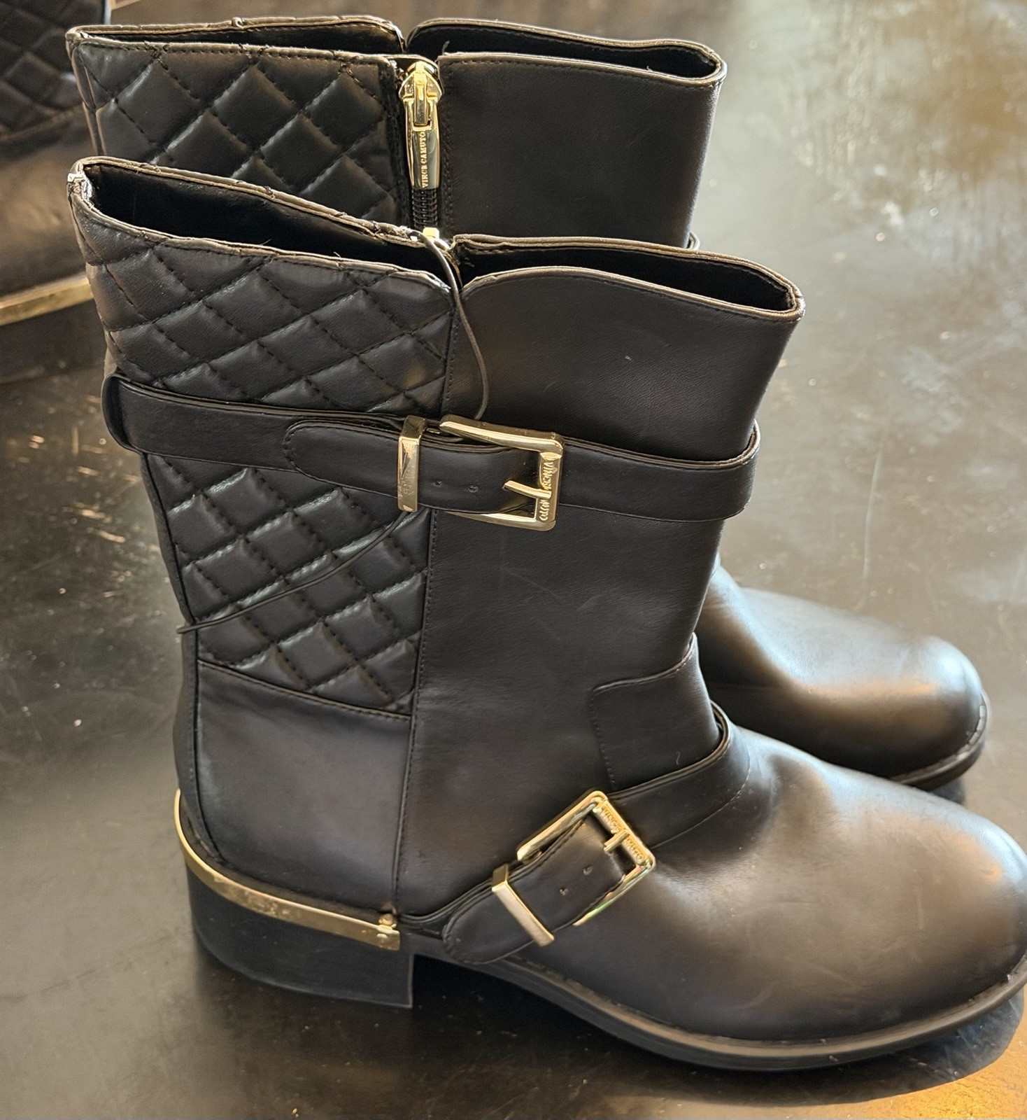 Vince Camuto Women’s Black Leather Mid-Calf Biker Boots, Quilted, Zip, US 8M