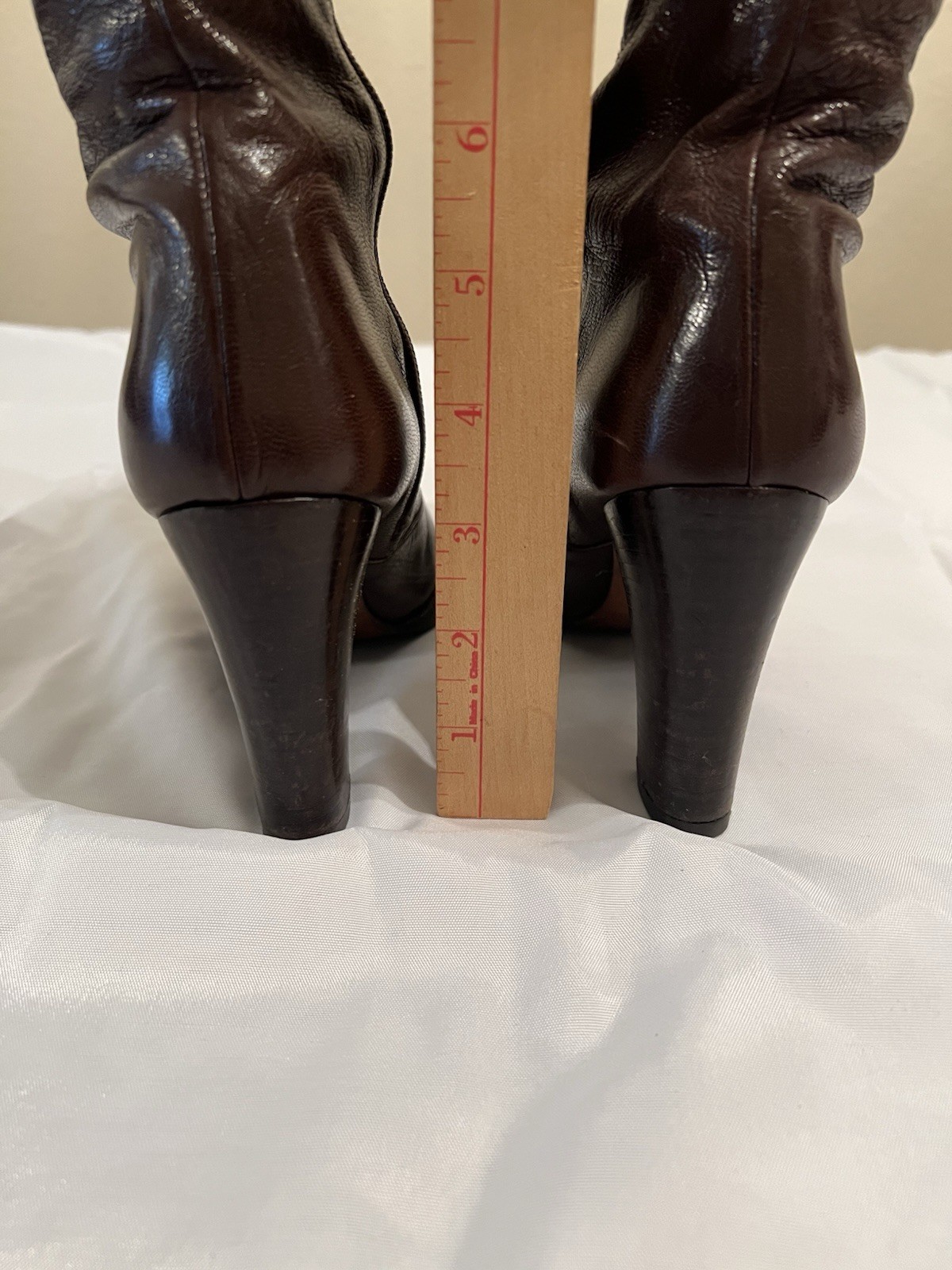70s Vintage Halston Brown Leather Knee High Boots Womens 7M Block Heel Zip Italy