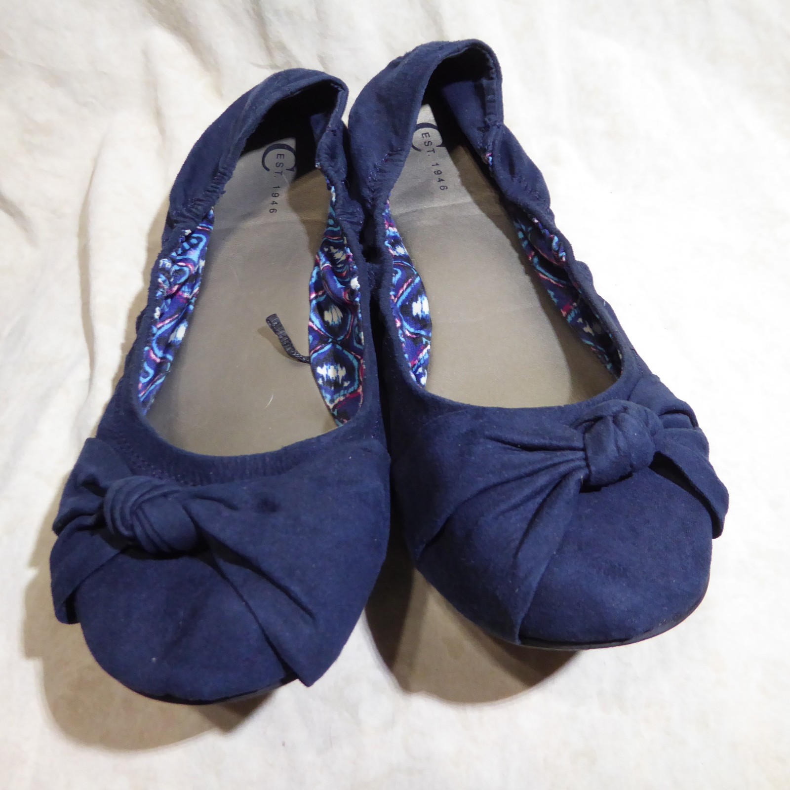 🩰 C est. 1946 Scrunch Ballet Flats 9 M Navy Blue Suede Textile; Knotted Straps