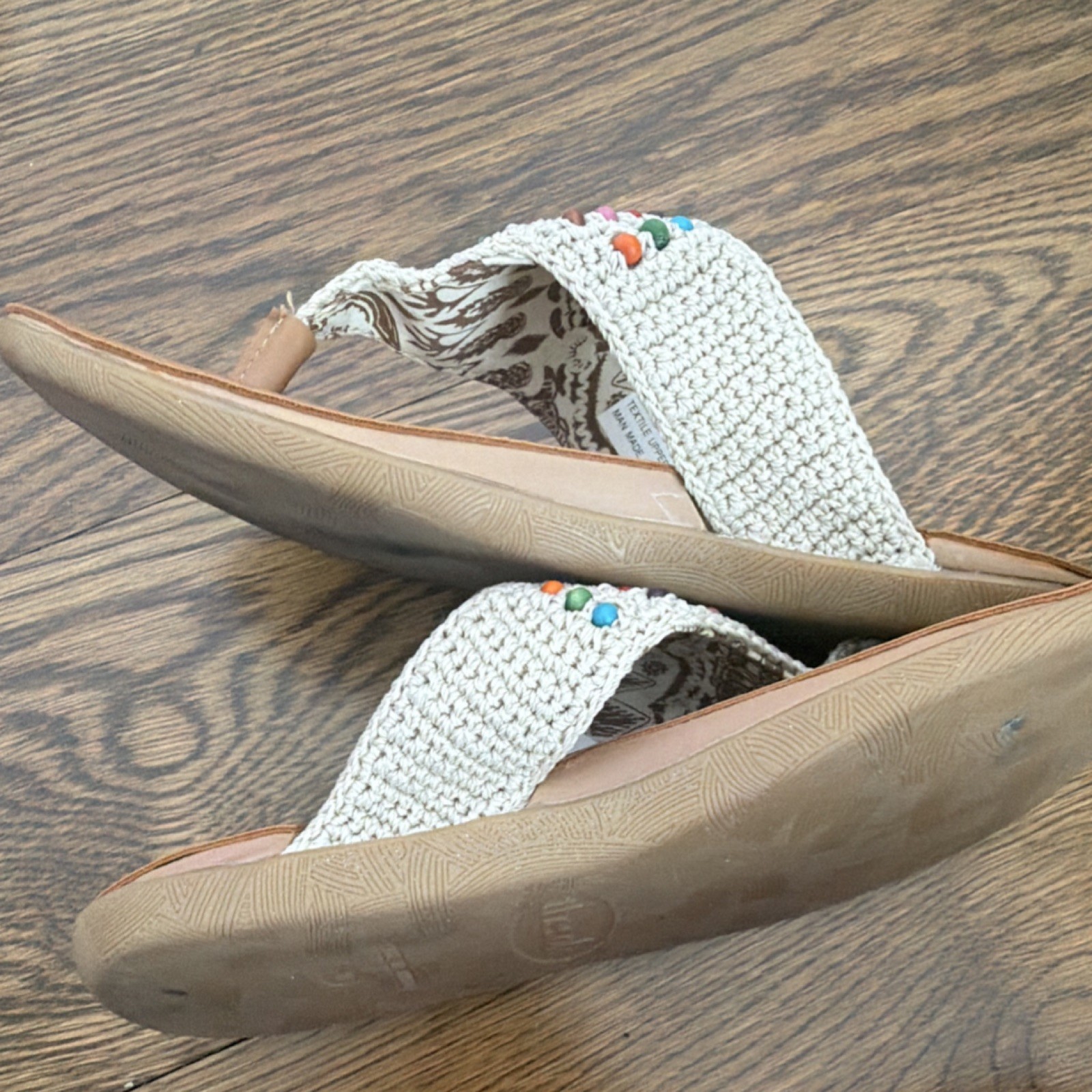 The Sak Crochet Beaded Thong Sandals Beige Multicolor Cotton Women’s Size 8
