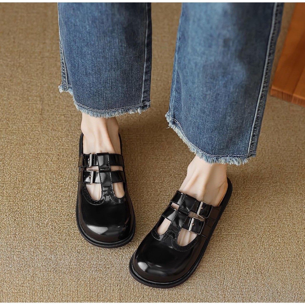 Mary Jane Double Buckle Mules Black Patent Faux Leather 7 New Preppy Academia